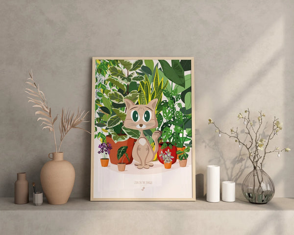 CAT in THE JUNGLE - Affiche plante A3 - Poster, illustration végétale